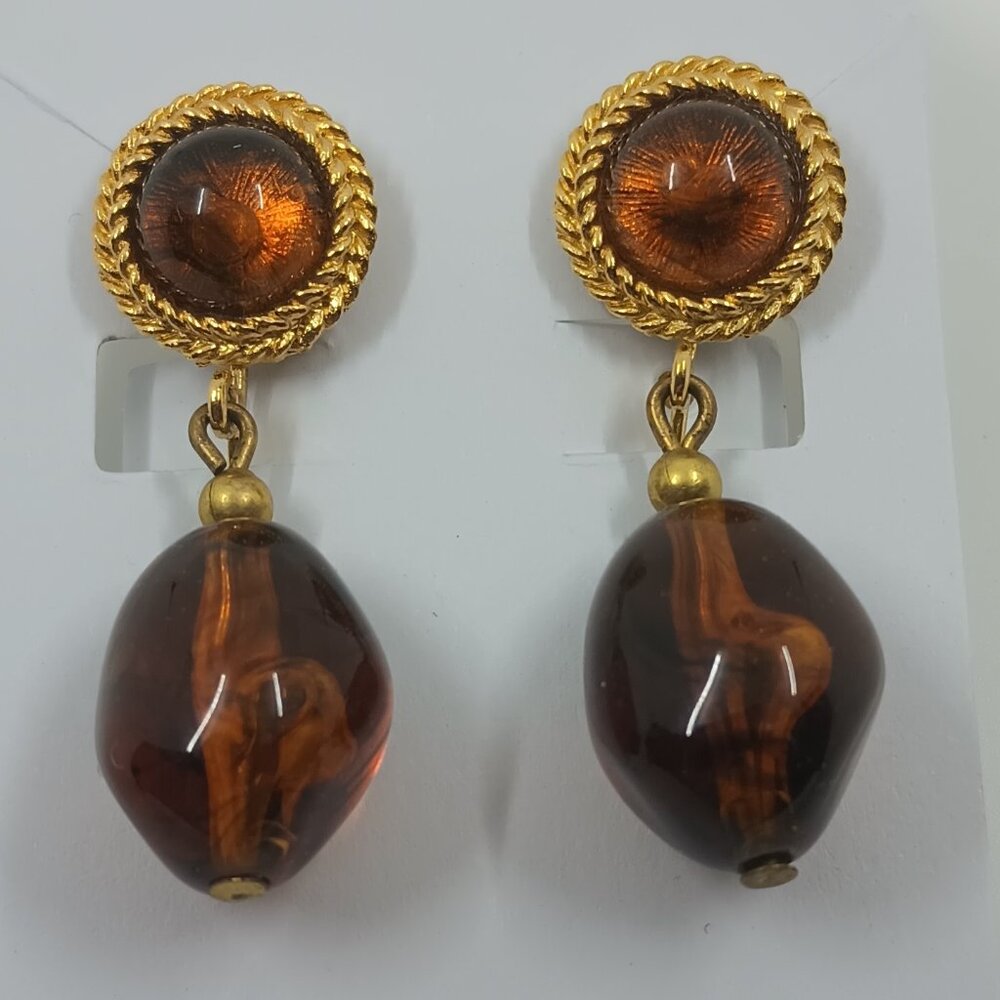 Vintage TRIFARI Amber Lucite Dangle Clip Earrings.